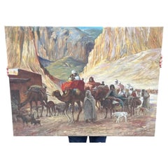 Large Orientalist Desert Caravan Scene with Camels and Travellers Oil Painting