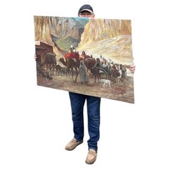 Large Orientalist Desert Caravan Scene with Camels and Travellers Oil Painting