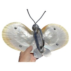 Rare 13" Java Indonesia 800 Silver & Mother-of-Pearl Butterfly Caviar Dish c1930