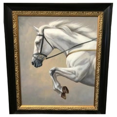 Contemporary White Horse Equestrian Oil Painting in a Gilt Frame
