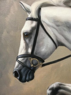 Contemporary White Horse Equestrian Oil Painting in a Gilt Frame