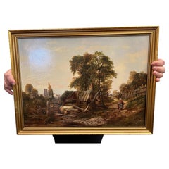 Antique English Landscape Oil Painting Rural Countryside Gold Gilt Frame