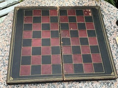Antique ca. 1850-1880 Faux Book Leather Backgammon Chess & Draughts Set