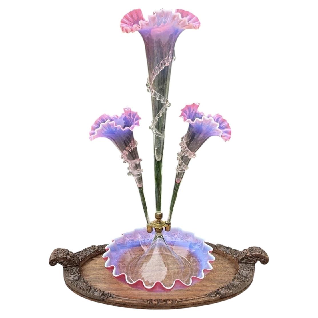 ca. 1890 Victorian Uranium Ruby Blue Opalescent Glass Three Trumpet Epergne 23” For Sale