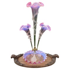 ca. 1890 Victorian Uranium Ruby Blue Opalescent Glass Three Trumpet Epergne 23”