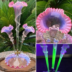 ca. 1890 Victorian Uranium Ruby Blue Opalescent Glass Three Trumpet Epergne 23”