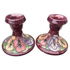 Pair Moorcroft Rachel Bishop Pansy Tubelined Pottery Candlesticks 7.7"