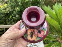 Pair Moorcroft Rachel Bishop Pansy Tubelined Pottery Candlesticks 7.7"