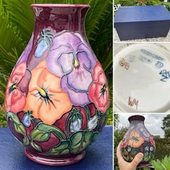 Vintage Moorcroft Rachel Bishop Pansy Tubelined Pottery Vase 7.75” Signed