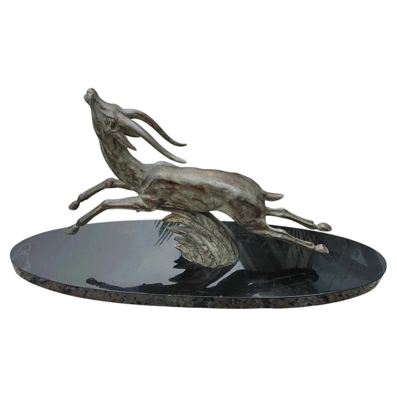 Rare Art Deco cold-painted spelter leaping gazelle on marble base 16” For Sale
