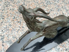 Rare Art Deco cold-painted spelter leaping gazelle on marble base 16”