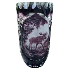 Rare Antique Moser Harrach Amethyst Cameo Vase with Engraved Elk, Signed Gunter
