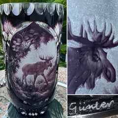 Rare Antique Moser Harrach Amethyst Cameo Vase with Engraved Elk, Signed Gunter