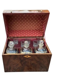 Georgian ca. 1790 Walnut Drum-Top Decanter Tantalus with 3 Gilt Decanters