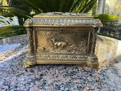 Ca. 1870 Léopold Oudry French Gilt Bronze Jewellery Casket with Stags, Signed
