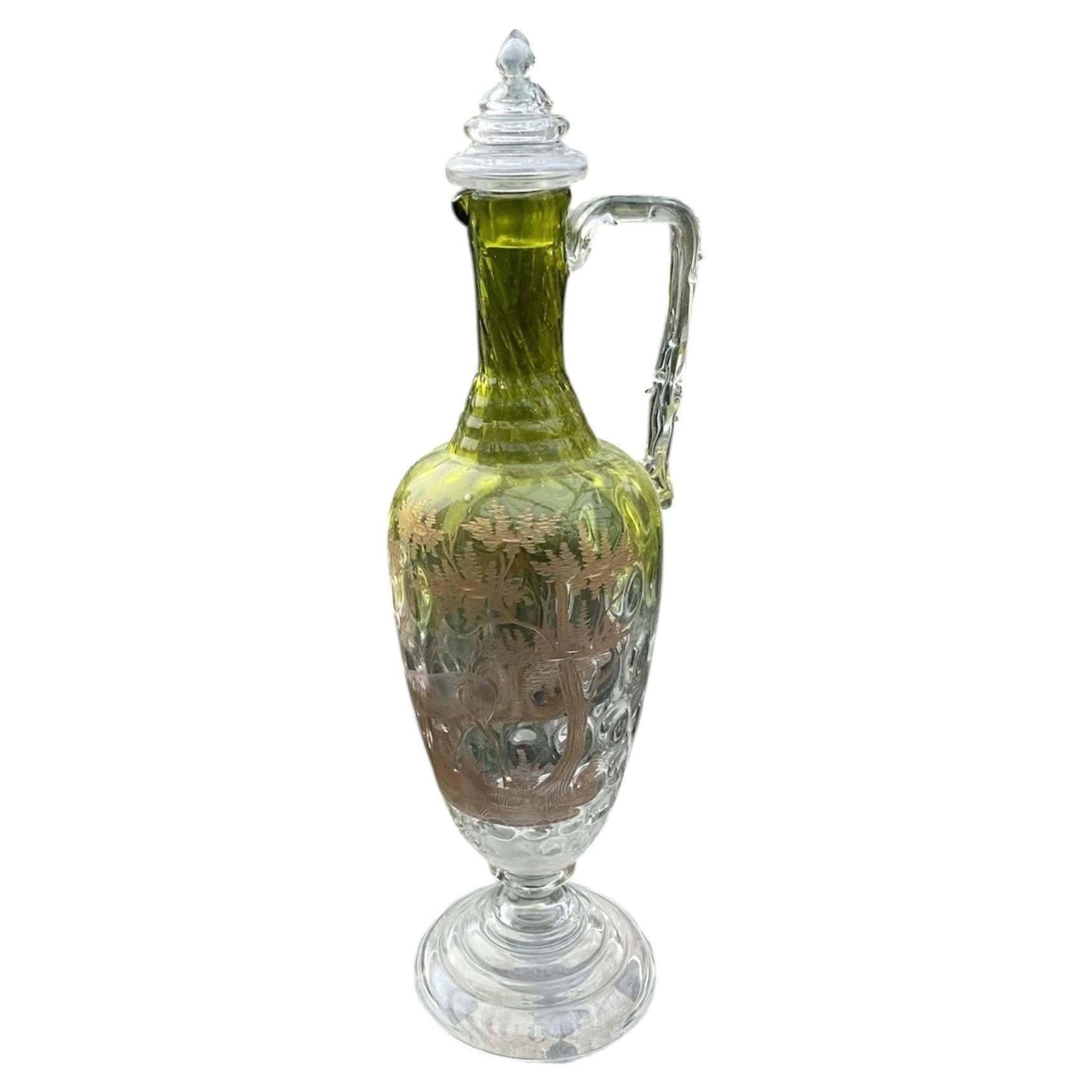 Antique Moser Emerald-Green Claret Jug – Engraved Stag, 22ct Gilded, ca. 1880 For Sale