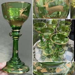 Antique Moser 6x Emerald-Green Stag Engraved Wine Glasses – 22ct Gilt, ca. 1880