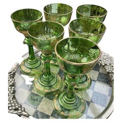 Antique Moser 6x Emerald-Green Stag Engraved Wine Glasses – 22ct Gilt, ca. 1880