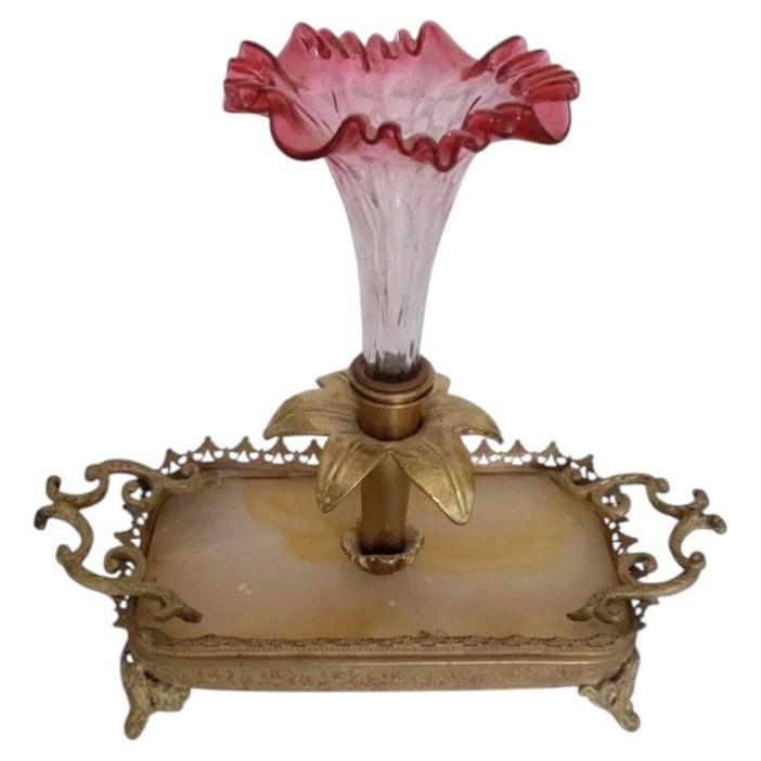 Rare French C1850 Napoleon III Ruby Ruffle Glass Epergne Gilded Bronze & Marble For Sale