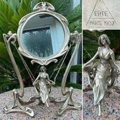 Erté “Demoiselle à la Balancelle” Art Nouveau Mirror Silvered Bronze Paris 1907