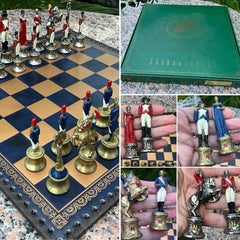 Rare Italfama Italy Napoleon Chess Set Gilded Enamelled Metal 14” Board