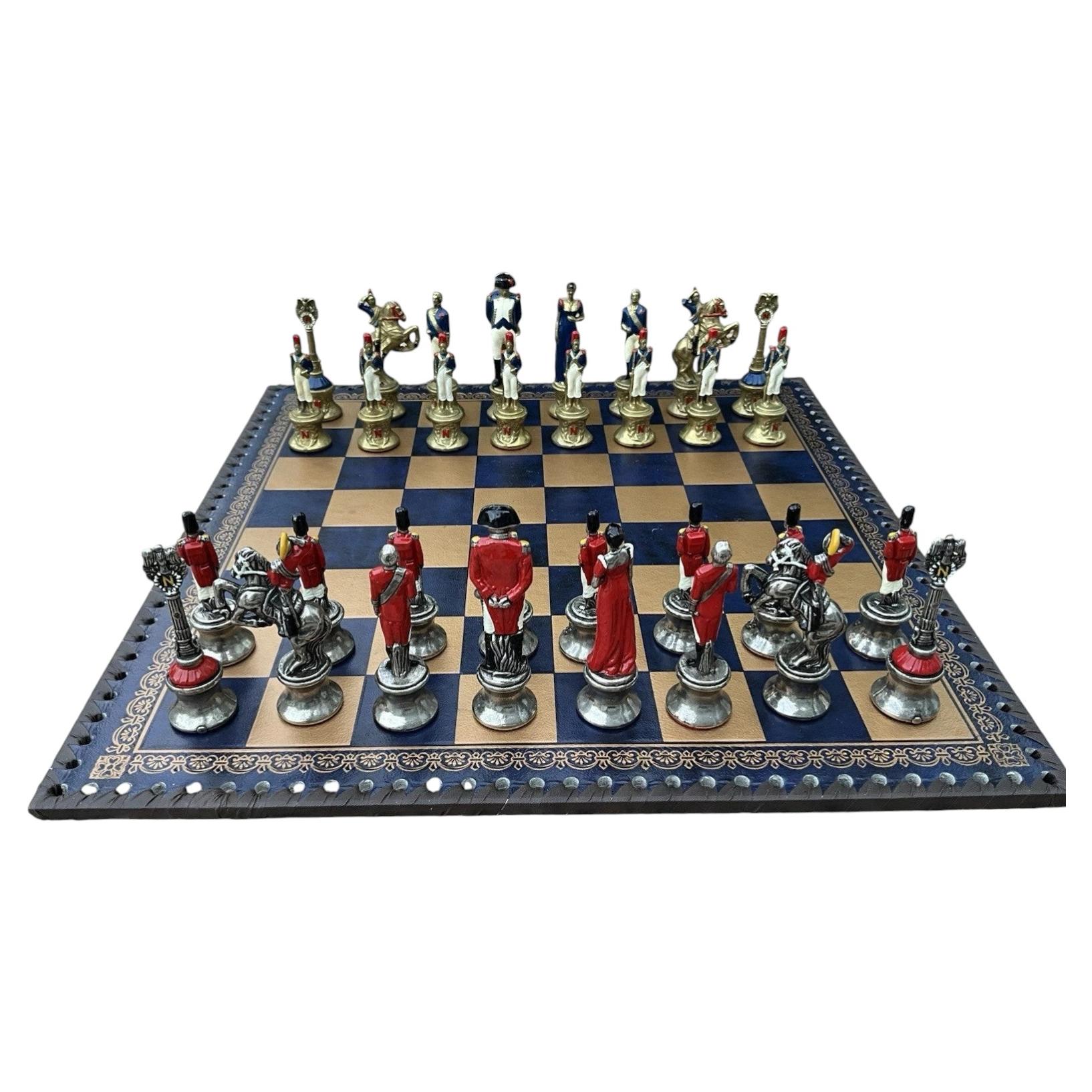 Rare Italfama Italy Napoleon Chess Set Gilded Enamelled Metal 14” Board