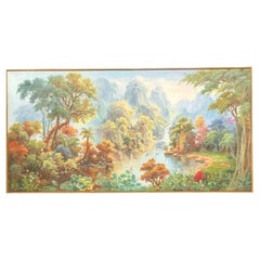 Large Chinese Landscape Oil Painting on Canvas, Autumn River Scene, Framed