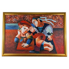 Large Modernist Figurative Oil Painting Signed M. Browell Late 20th Century