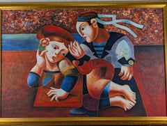 Large Modernist Figurative Oil Painting Signed M. Browell Late 20th Century