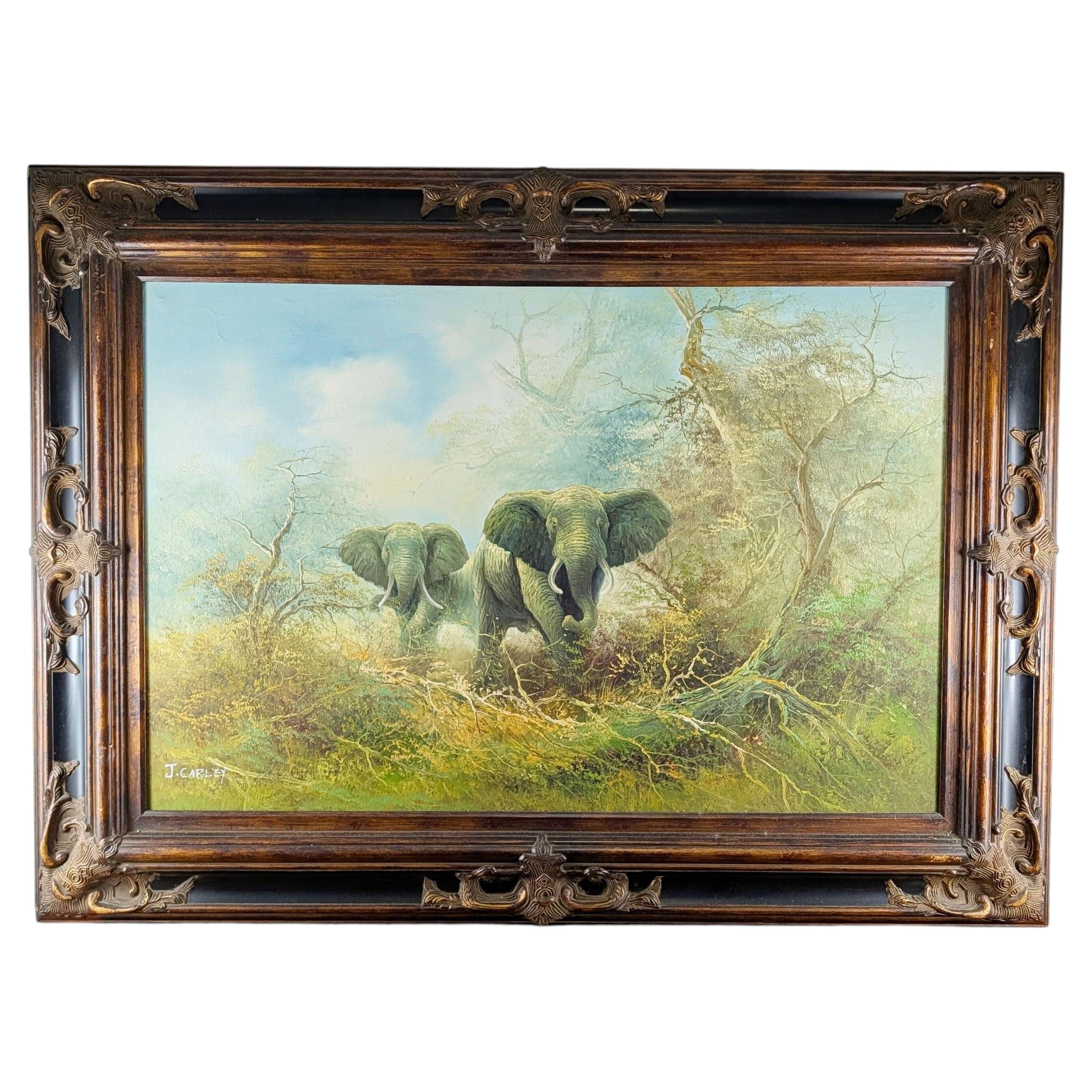 Large 1950s South African Wildlife Oil Painting - African Elephants by J. Carley For Sale