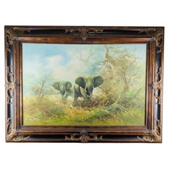 Large 1950s South African Wildlife Oil Painting - African Elephants by J. Carley