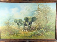 Large 1950s South African Wildlife Oil Painting - African Elephants by J. Carley