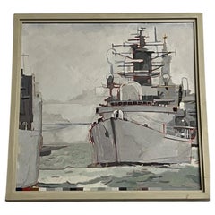 Original Piers Ottey Destroyer Maritime Oil Painting Signed