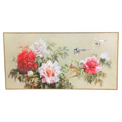 Paisaje floral chino de mediados de siglo con pájaros, pintura al óleo sobre lienzo, enmarcada