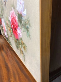 Mid Century Chinese Floral Landscape with Birds, Oil on Canvas Painting, Framed