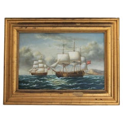 Original Vintage Maritime Oil Painting British Ship & Ottoman Warship 19th C