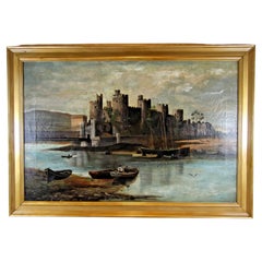 Antique 19th Century Conwy Castle Welsh Coastal Landscape Oil Painting
