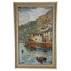 Antique 1918 Dartmouth Quay Coastal Landscape Oil Painting by C W Cook