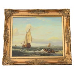 Vintage Dutch Maritime Painting Sailing & Rowing Vessels Framed Nautical Artwork