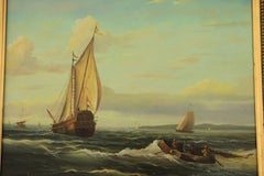 Vintage Dutch Maritime Painting Sailing & Rowing Vessels Framed Nautical Artwork