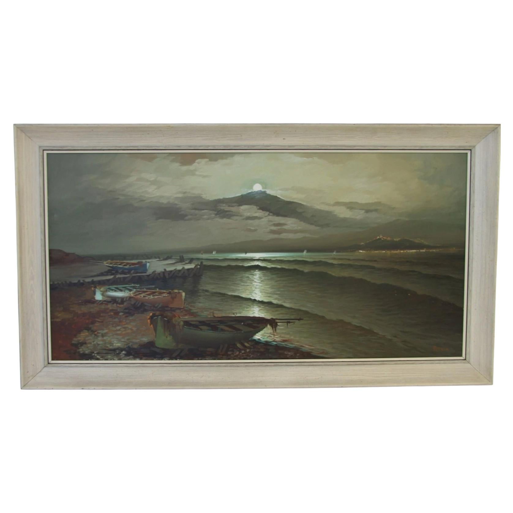 Mid 20th Century Signed Alessandro Moonlit Mediterranean Oil Painting For Sale