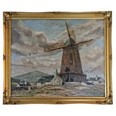 Vintage Anglesey Windmill & Cottages Original Oil Painting
