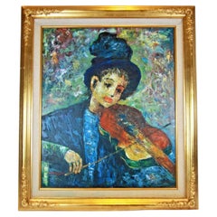 Mid Century Impressionist Boy Violinist Signed Thompson Original Oil Painting