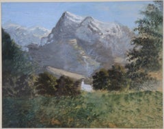 Mid Century Watercolour of Alpine Mountain Landscape with Church