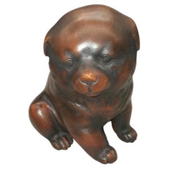 Early 20th Century Hand-Carved Japanese Bronze Seated Puppy Dog Sculpture