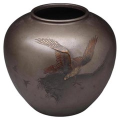 Japanese Bronze Vase with Gold and Silver Inlaid Hawk by Mitsuhiro, 1934