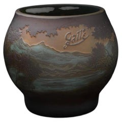 French Art Nouveau Cameo Glass Lakeside Landscape Vase, Gallé Style, Early 20thC
