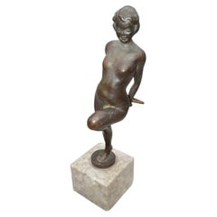 French Art Deco Bronze “Hoop Dancer” Nude Female Sculpture on Marble, 1930s