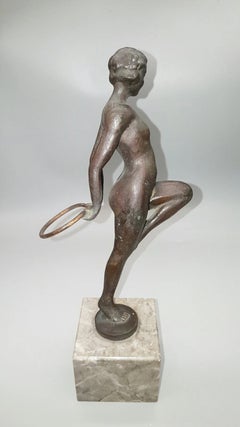 French Art Deco Bronze “Hoop Dancer” Nude Female Sculpture on Marble, 1930s