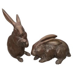 Pair of Japanese Bronze Hare Sculptures, Mid-20th Century